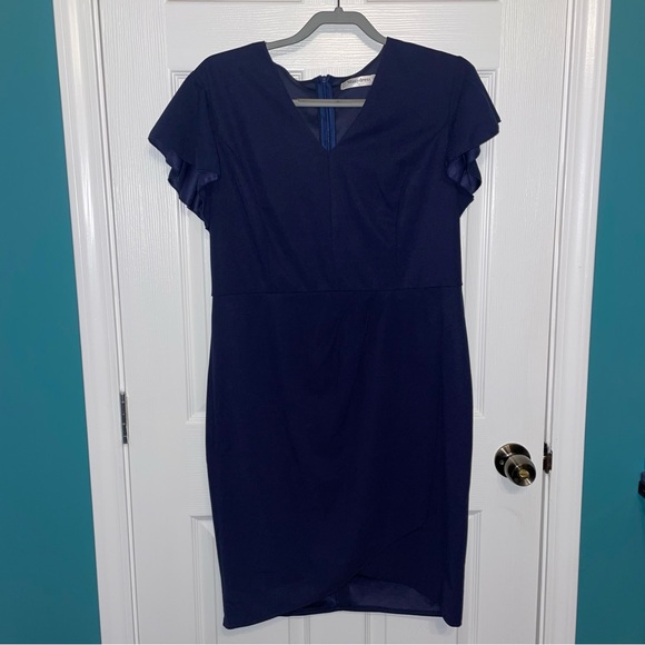 Manydress Women's Flutter Sleeve Bodycon V Neck Summer Dress Wrap Ruched XL Navy - Picture 4 of 6